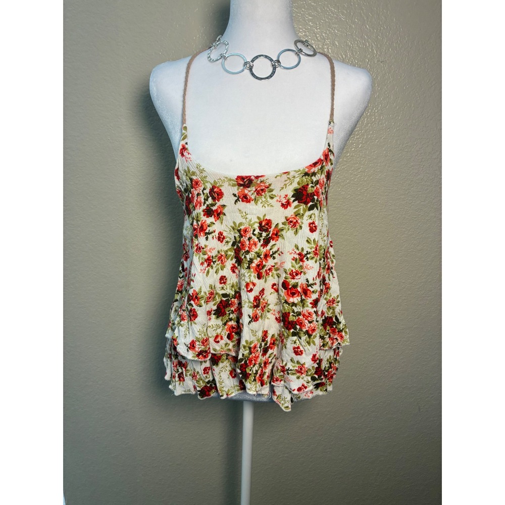 Neblina by Urban Episode Floral Ruffle Cami Top Red Rose Halter Backless Small